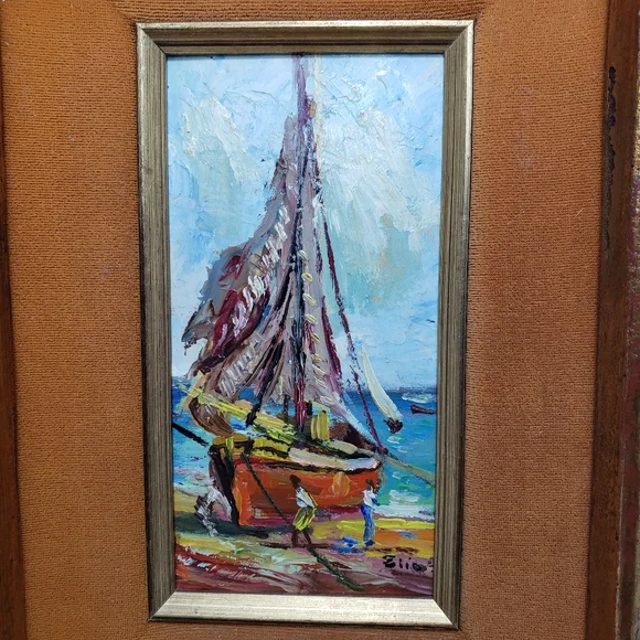 Vintage Oil Painting on Wood Panel Framed Velvet by Elio Small 3" × 6" - Picture 3 of 10